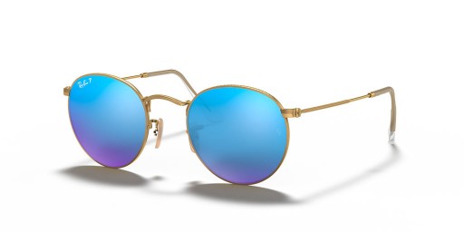 Ray-Ban RB3447 Yuvarlak Flaş Lensler S (50-21) Mavi lensler ve Altın çerçeve Güneş Gözlüğü