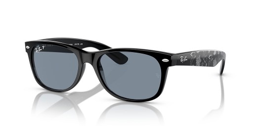 Ray-Ban RB2132 Yeni Wayfarer Küçük Denizkızı M (55-18) Mavi lensler ve Siyah çerçeve Güneş Gözlüğü